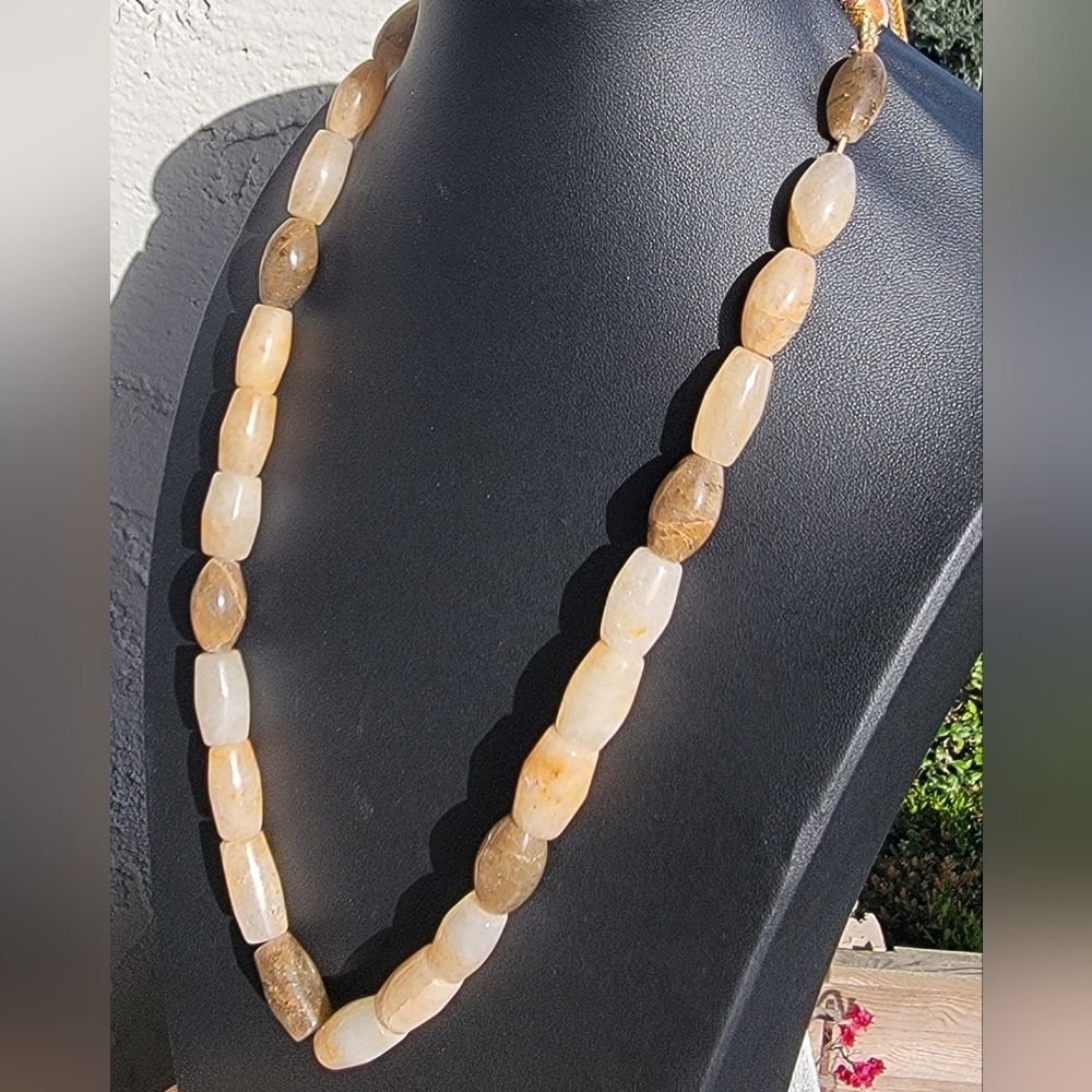 460 Cts Rutile Quartz Aventurine Barrel Beaded Natural Gemstone 20" Necklace NEW